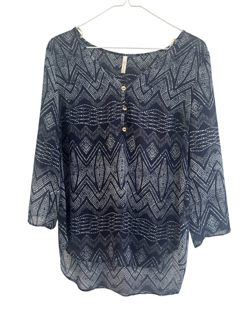 DNA Couture Blue Geometric Adjustable Sleeve Blouse Gold Buttons Size Small